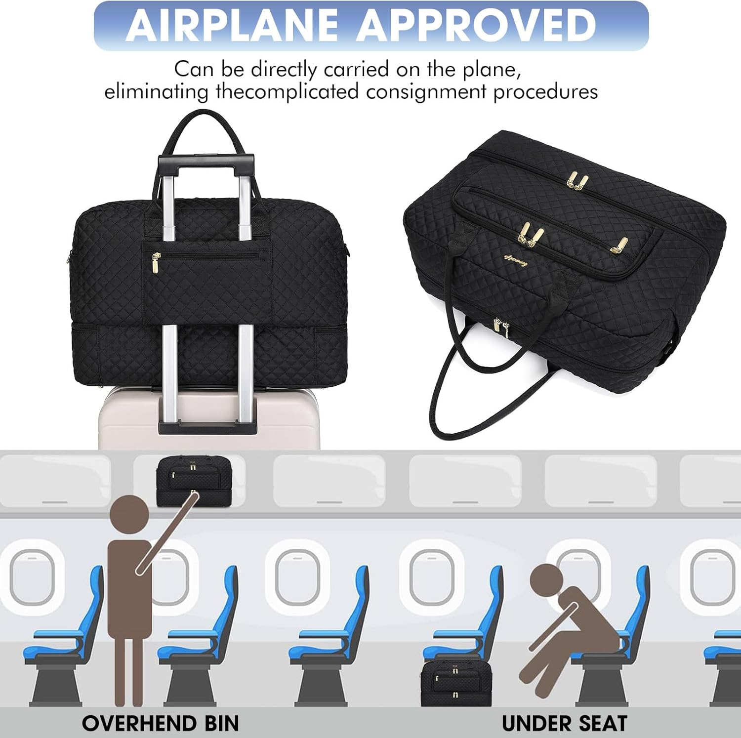 Travel Duffle Bag Weekender for Women - 38L Carry-On Overnight Personal Item Bag with Shoe