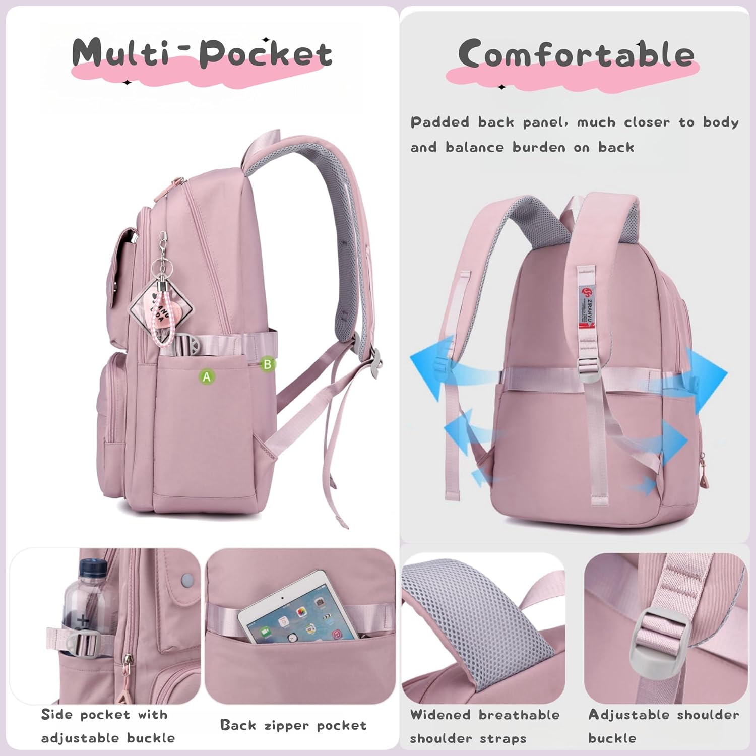 3Pcs Beige Girls Backpack and Lunchbox Set for School Kids, Solid Color Cream School Bag Backpack
