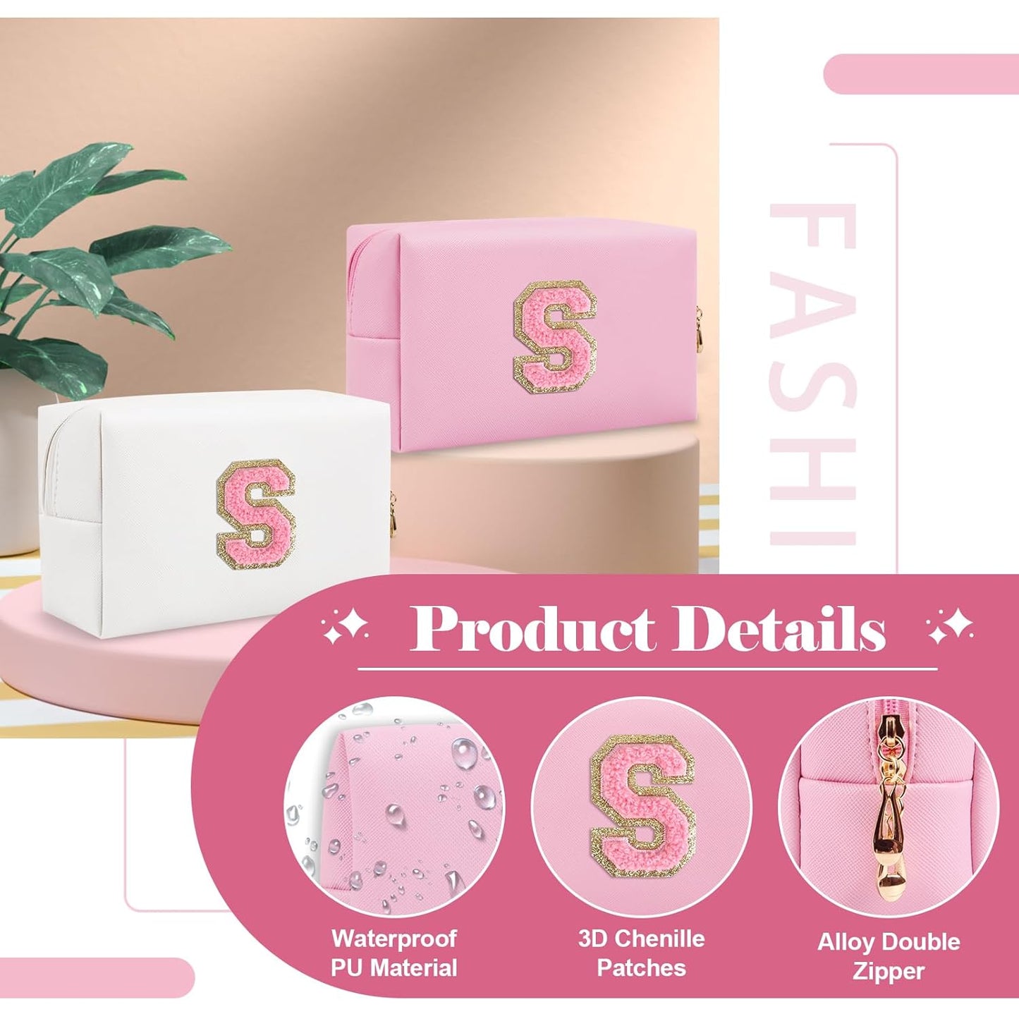 Personalized Initial A-Z Preppy Patch Makeup Bag,Small PU Leather Chenille Letter Cosmetic Bag with