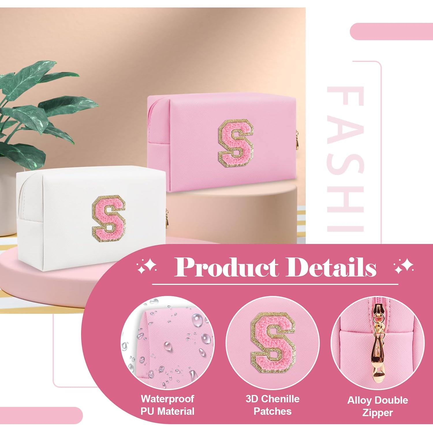 Personalized Initial A-Z Preppy Patch Makeup Bag,Small PU Leather Chenille Letter Cosmetic Bag with