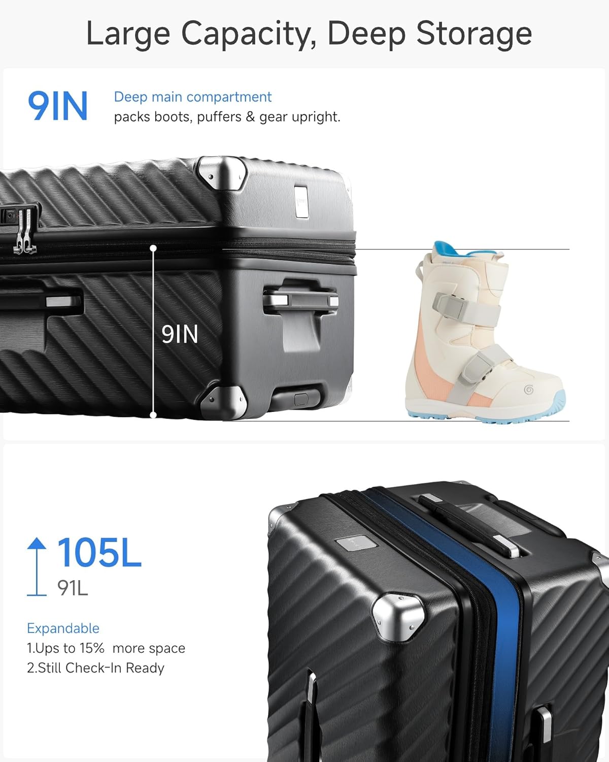 Trunk Luggage, Expandable PC Hard Shell Large Checked 28 Inch Suitcase with Shock - Absorbing Wheels & TSA Lock, Charcoal Metallic, 91L - 105L