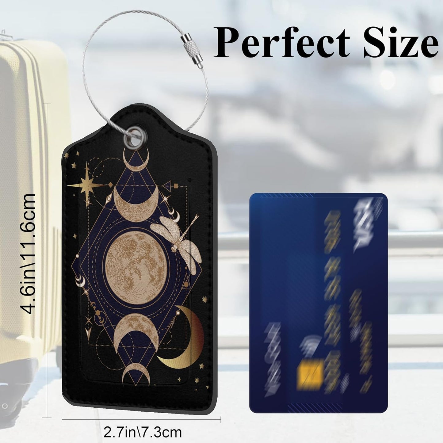 Geometric Magical Dragonflies, Moon, Stars PU Leather Luggage Tags for Suitcase, Travel 2 Pack with Privacy Flap, Name ID Label and Metal Loop for Women Men Girls Baggage Bag Backpack