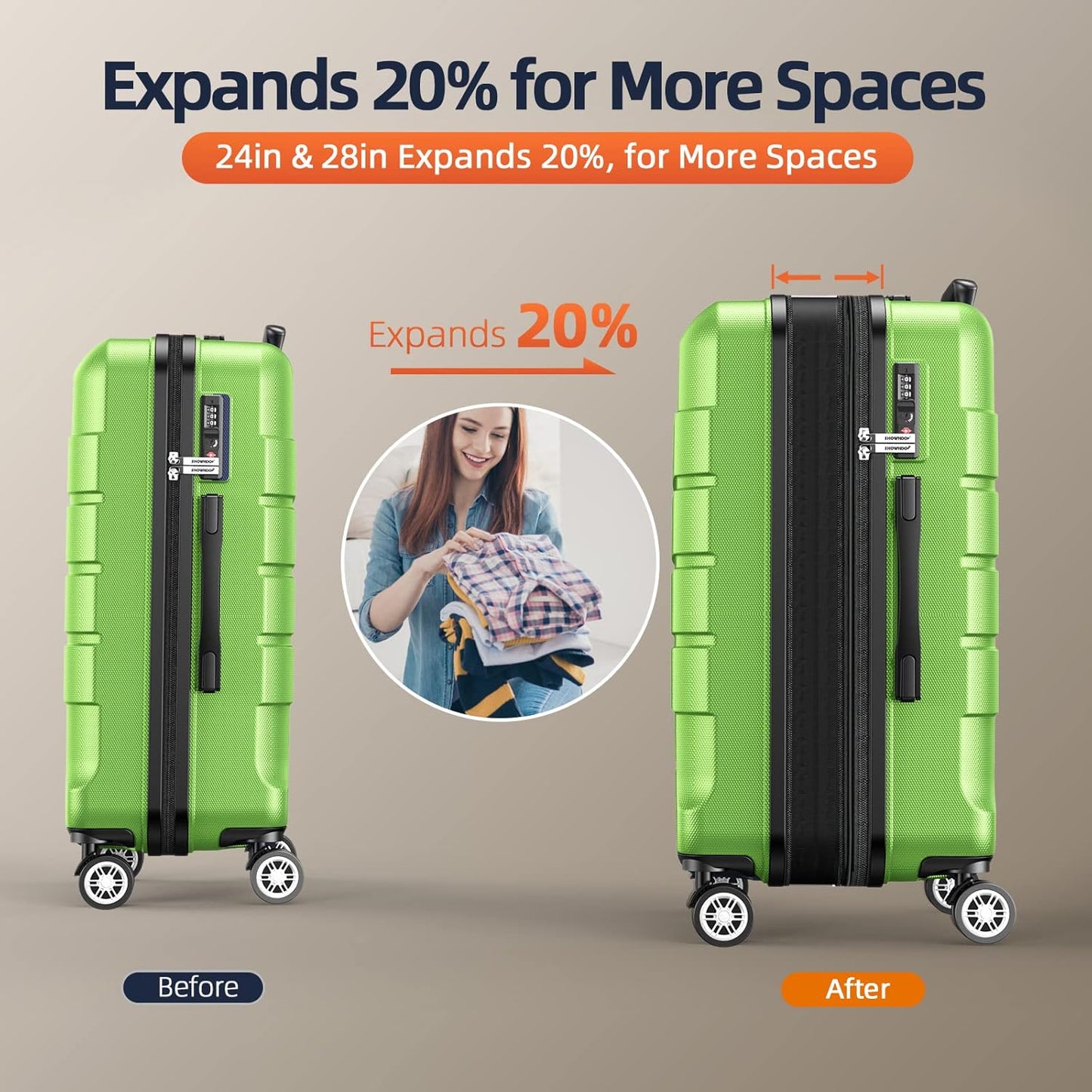 SHOWKOO Luggage Sets Expandable PC+ABS Durable Suitcase Sets Double Wheels TSA Lock Green 3pcs