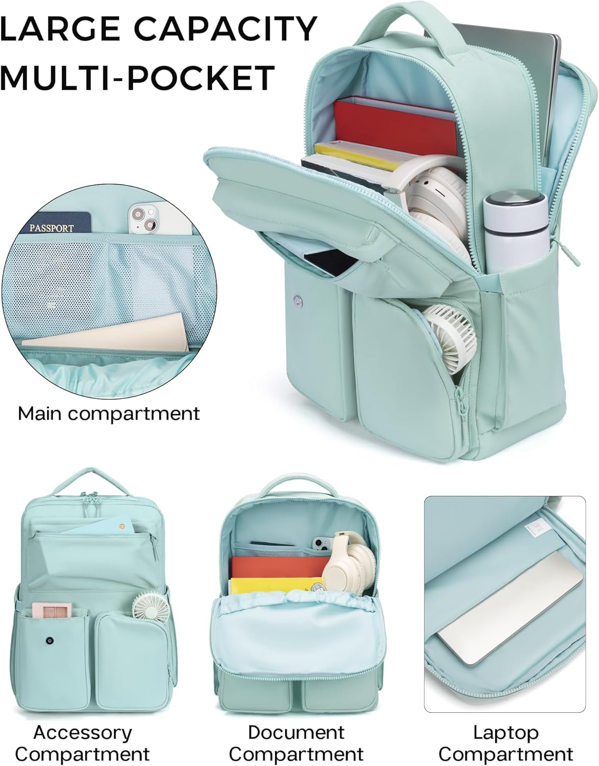 FODOKO Backpack for Work, Casual Backpack for Women Men Daypack Backpack for Travel College Bookbag Separate Compartment for 15.6 Inch Notebook Ice Blue