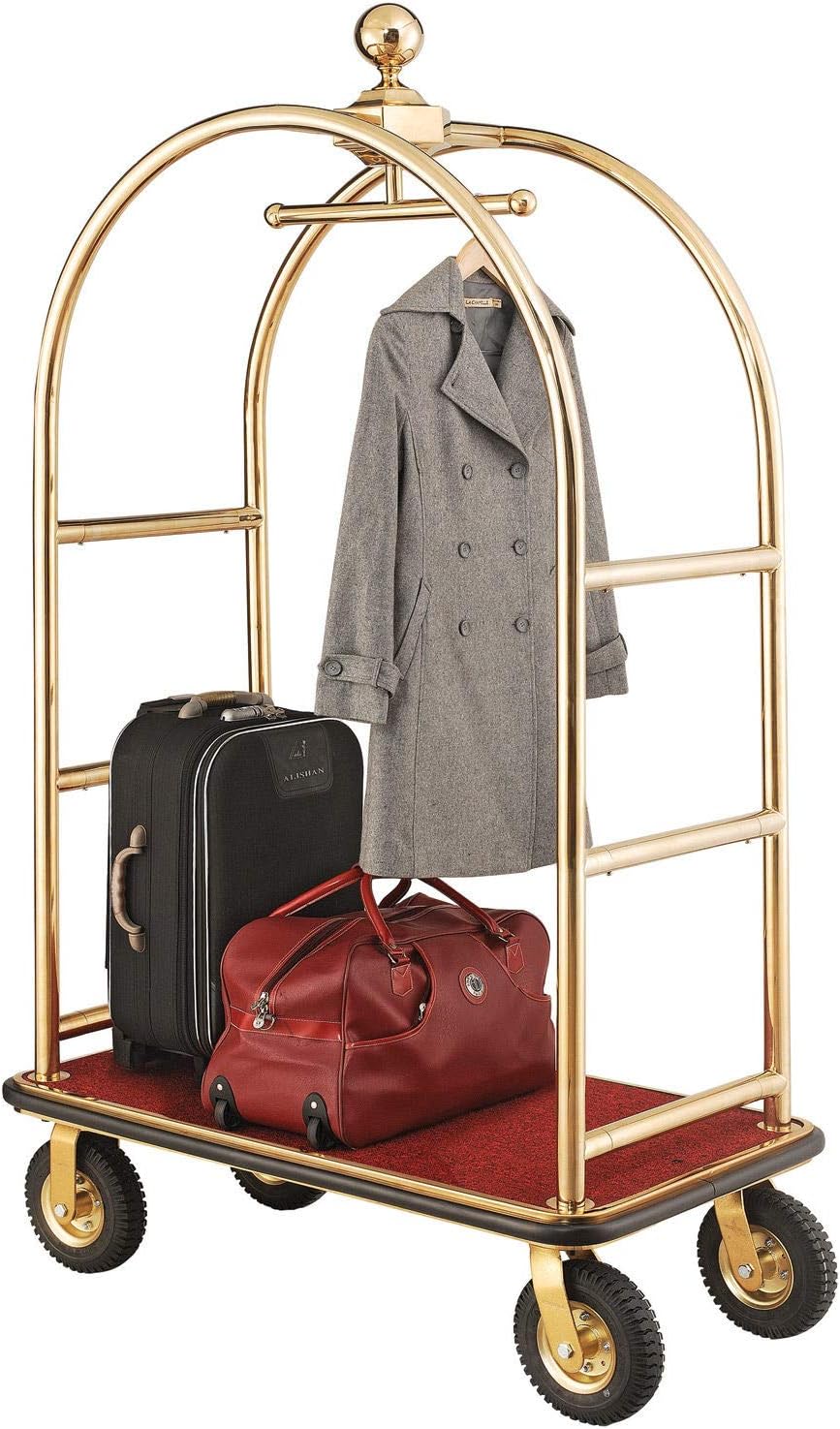 Global Industrial Gold Stainless Steel Bellman Cart Curved Uprights 8" Pneumatic Casters, 41-1/4"L x 24" W x 75" H, Hotel Luggage Cart for Commercial Use, Condos, Resorts