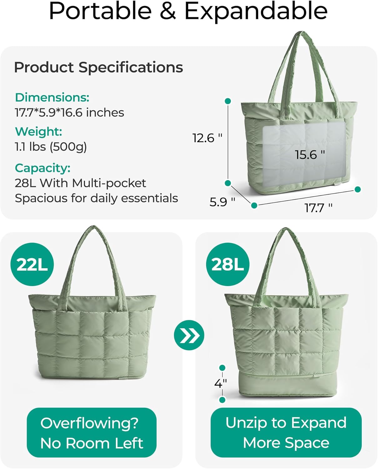 BAGSMART Expandable Tote Bag for Women, Puffer Work Tote Handbag, Quilted Carry-On Travel Gym Bag