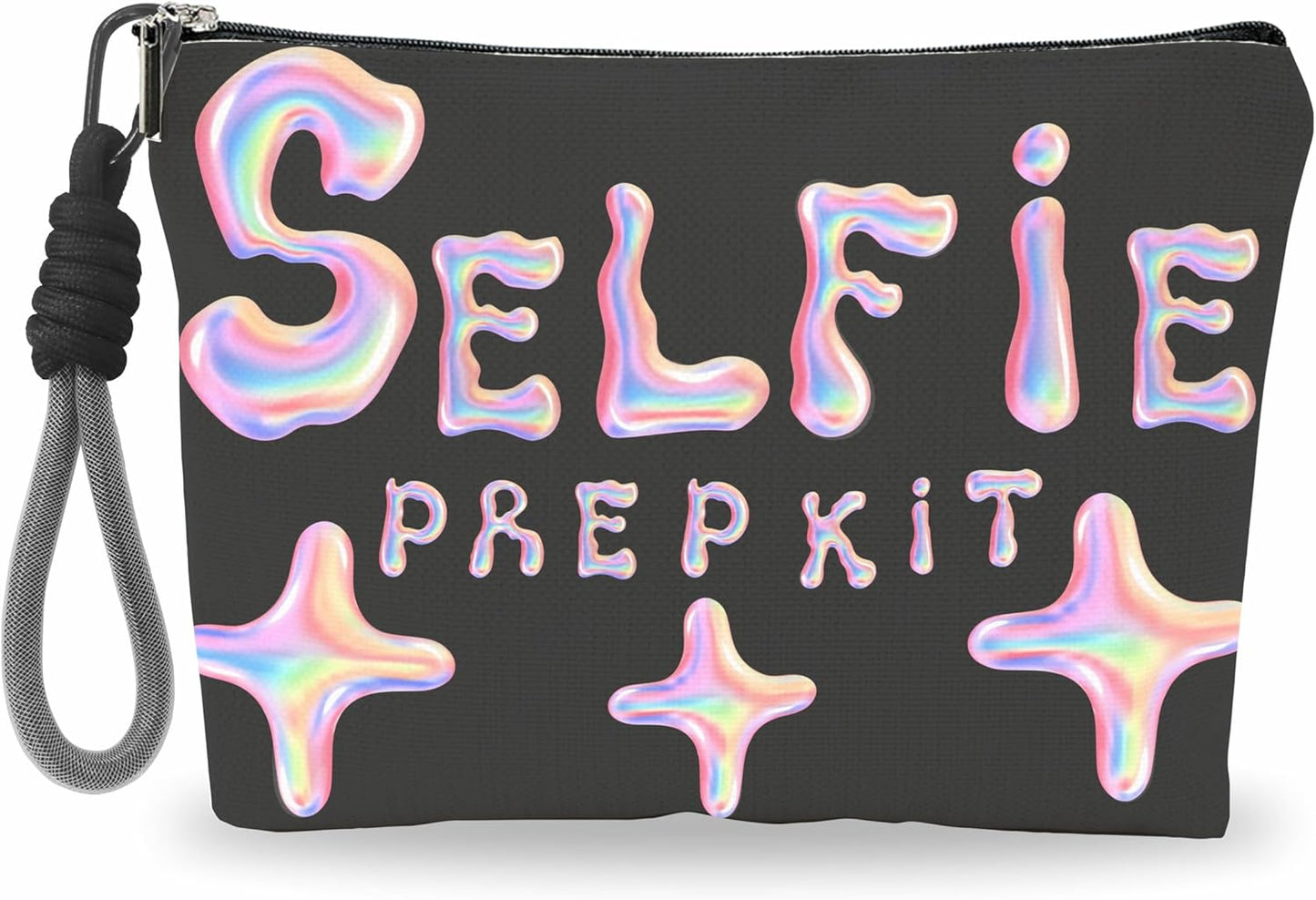 Make Up Bag, Cosmetic Bag With Hand Strap - Futuristic Selfie Prep Kit - Lined Toiletry Bag For Woman - Travel Pouch, Black & Pink Organizer With Zipper, Women Essentials & Accessories - A05