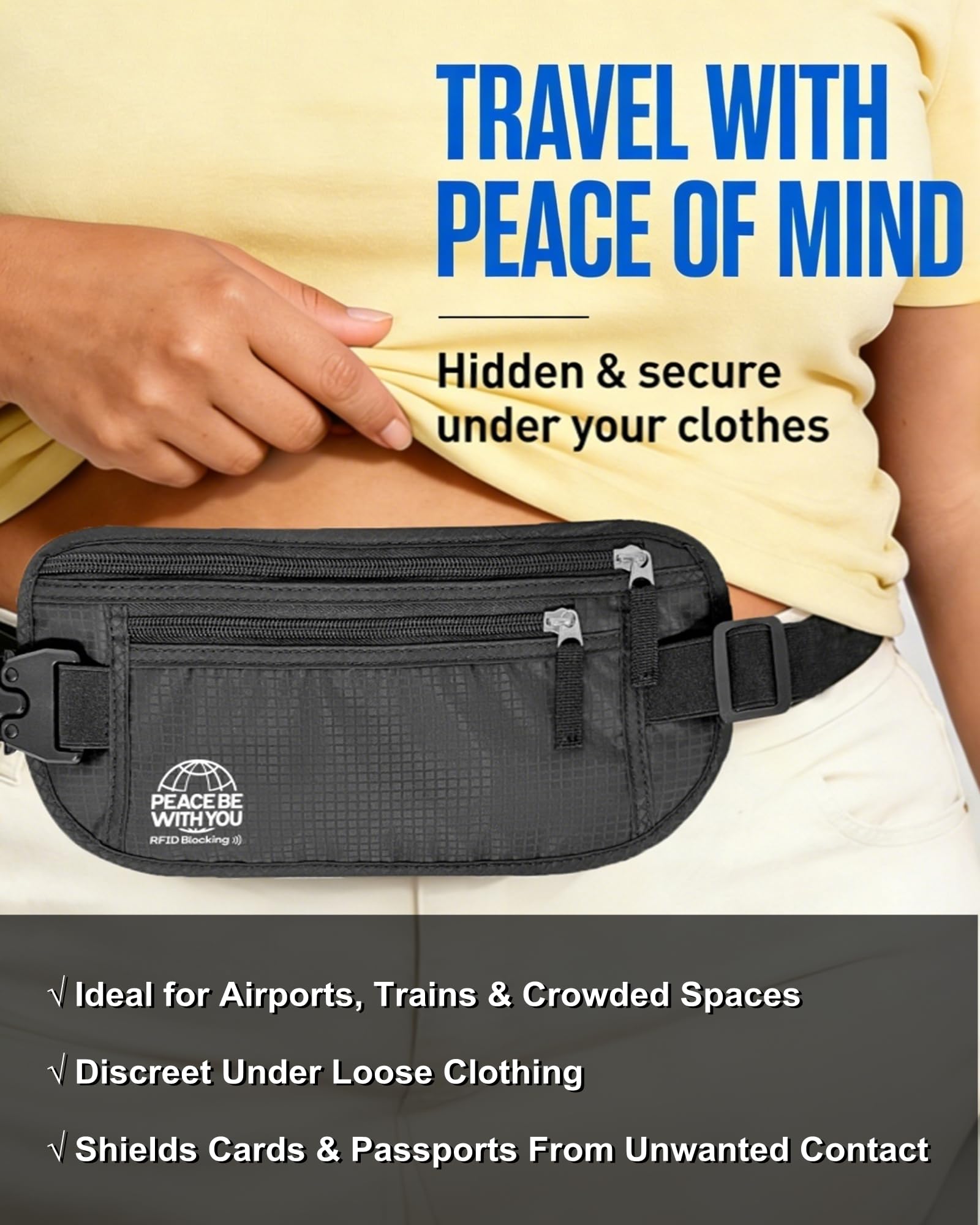 Money Belt for Travel, Passport Holder, RFID Blocking, Sweat-Proof, Black