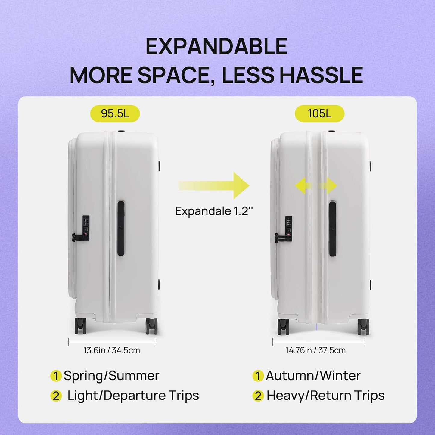 NINETYGO Large Checked Luggage 28 Inch, Top Opening Luggage Checking In Luggage, Expandable, PC Hard Shell, Larger Capacity Checked, TSA Lock, 360° Spinner Wheels (White, Hobo Pro)