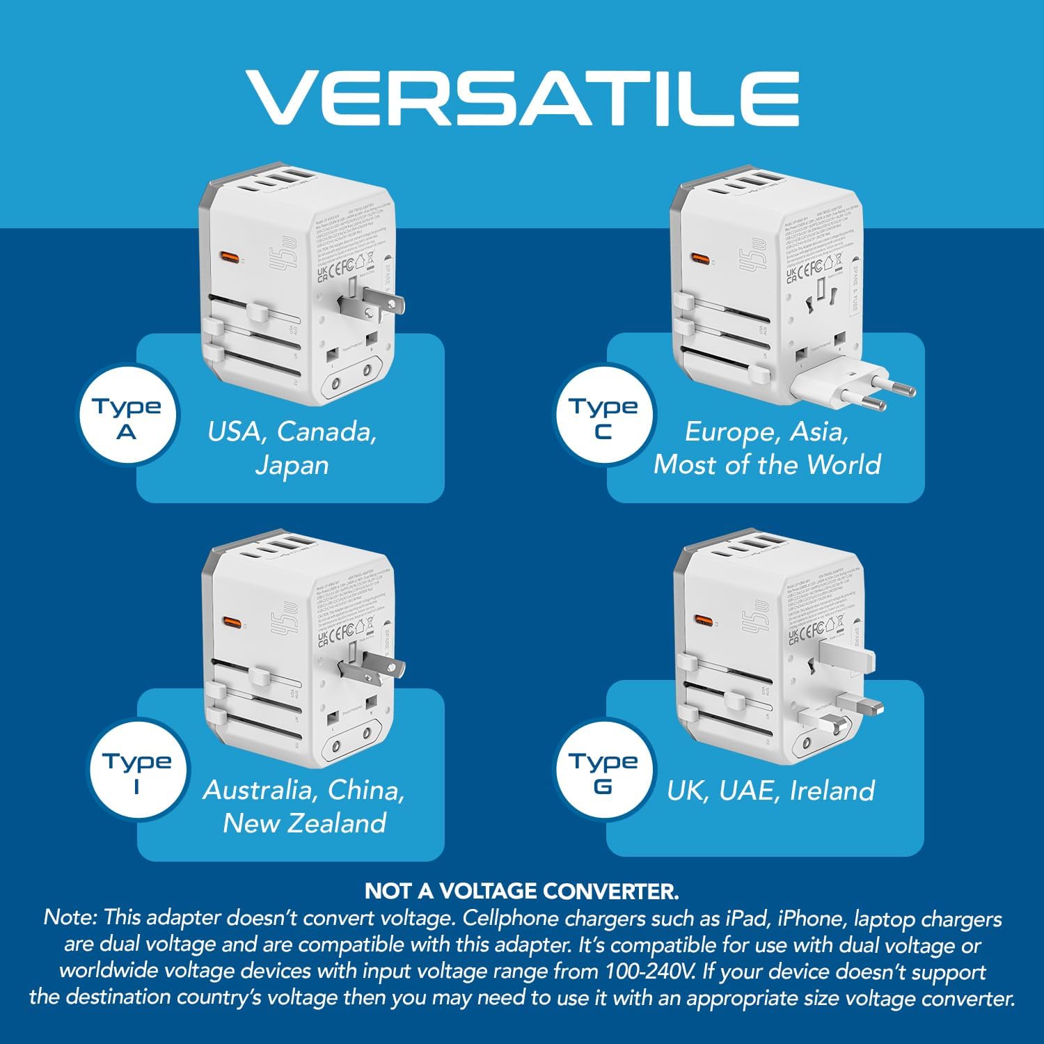Ceptics 6-in-1 Universal Travel Adapter with 2X USB-A and 3X USB-C, 45W for Global Use, Compatible