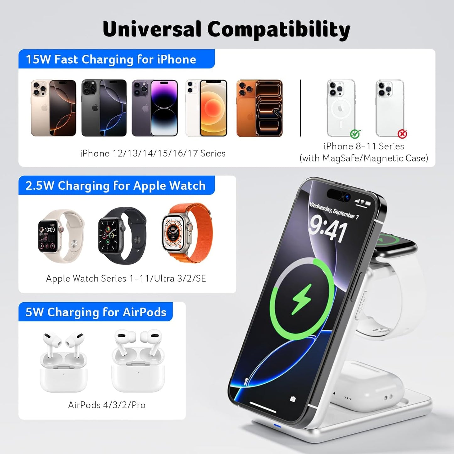 Acer 3 in 1 Charging Station for iPhone, Wireless Charger Stand,15W Fast MagSafe Charger for iPhone 17 16 15 14 13 12 Series-Apple Watch 10 9 8 7 6 5 4 3 2 SE and Ultra Series-Airpods 4 3 2 Pro Series