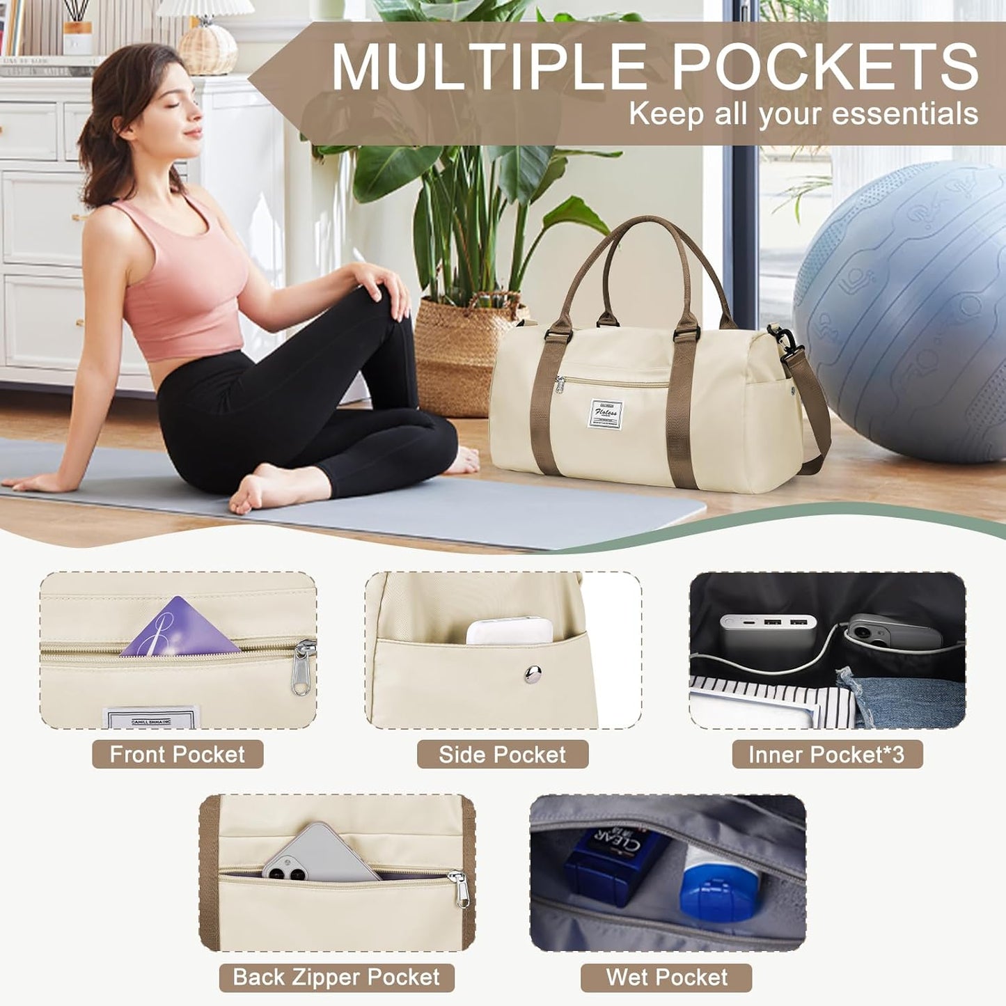 Gym Bag for Women with Shoes Compartment,Small Duffel Bag Sport bag with Toiletry Bag Overnight Travel Tote Bags Weekender Carry on Bags Personal Item Bag for Airlines Beige Brown