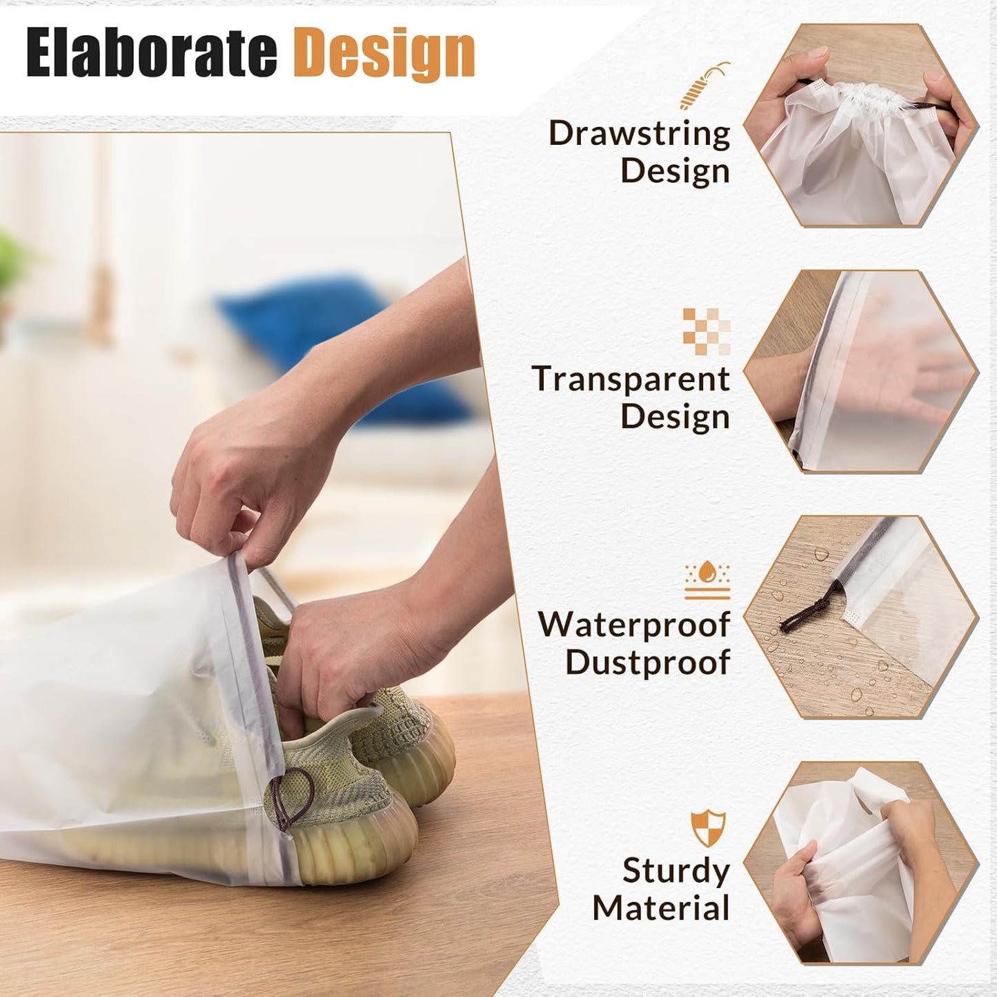 24pcs Clear Shoe Bags for Travel, 15.7" x 11.8" Waterproof Dust Bags with Drawstring, Portable Storage for Men and Women