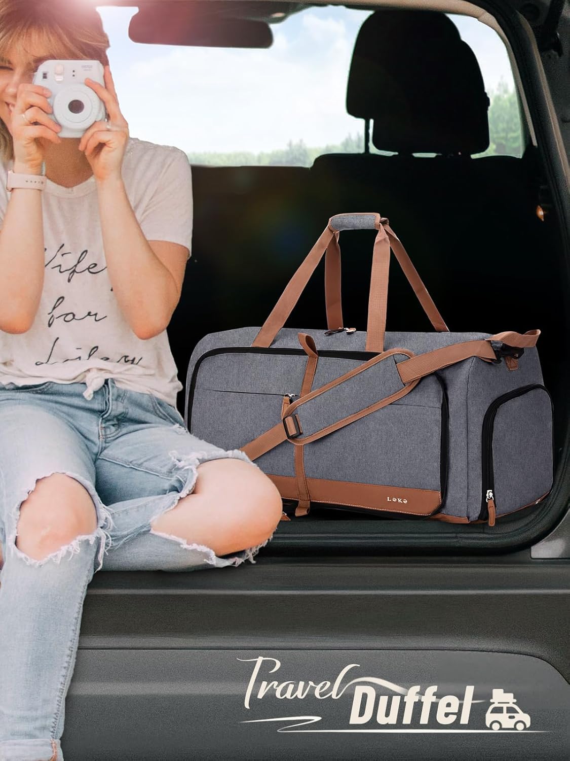 Lekesky Foldable Travel Duffel Bag for Women, 80L Large Duffle Bag with Separate Shoes Compartments