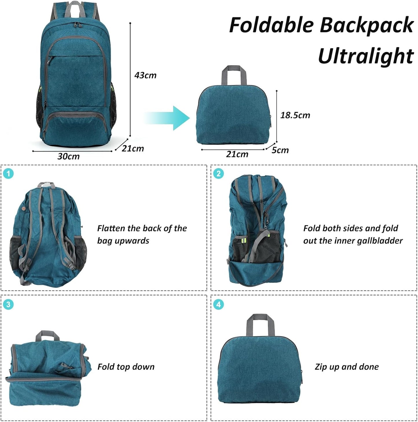 TANTOMI Small Hiking Backpack 25L Ultralight Foldable Camping Backpack Breathable Travel Backpacks Hiking Daypack for Men Women(Teal Blue)