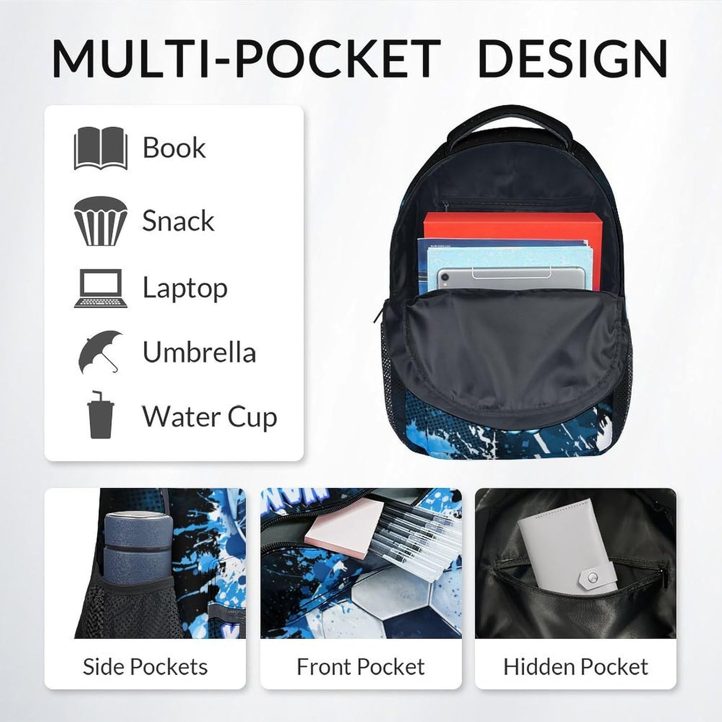 COZYAURA Kids Backpack - Personalized Soccer Backpacks Set for Boys Girls - School Bookbag with Lunch Box - Sport Themed Book Bag for Elementary Middle School
