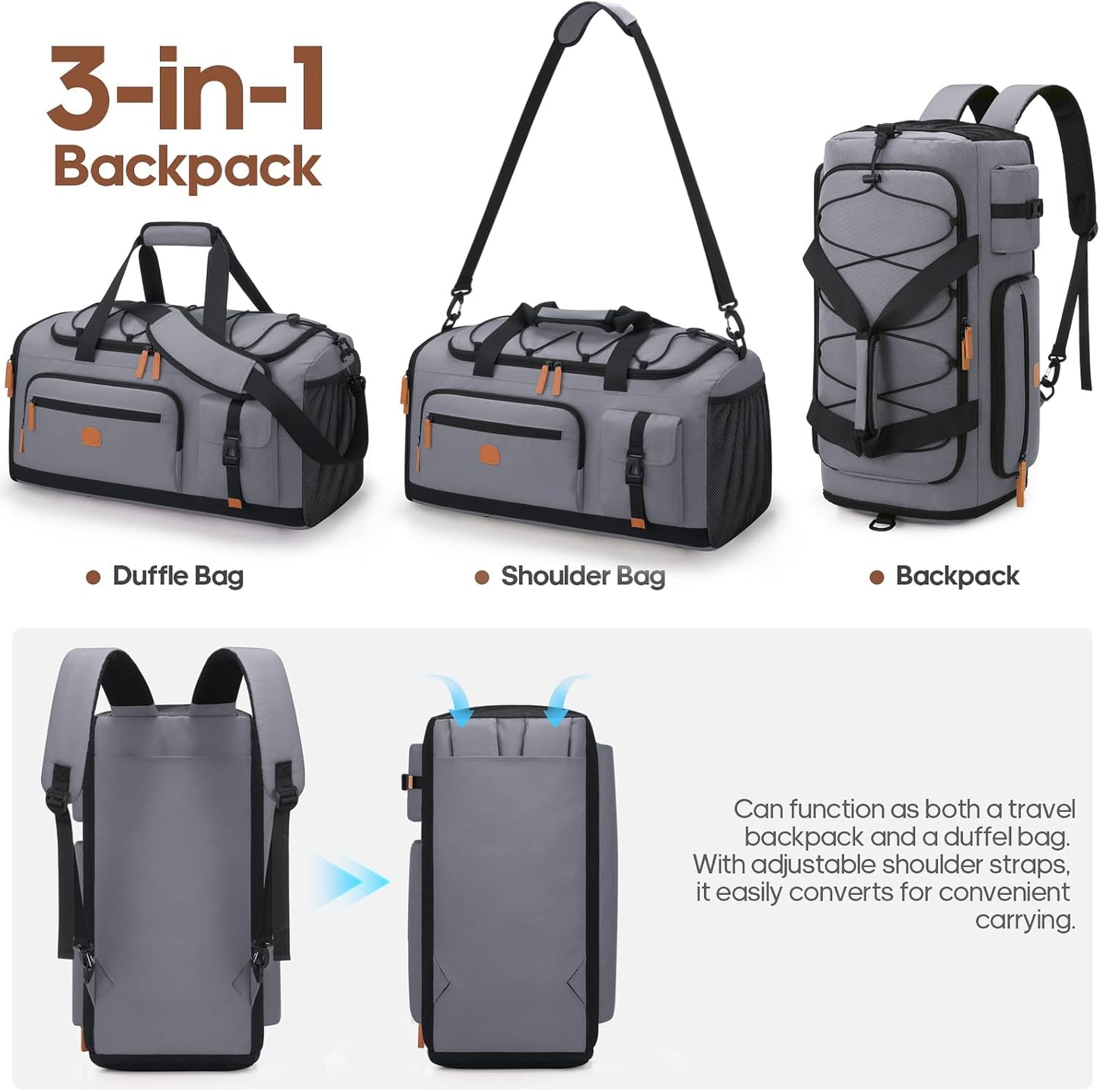 Gym Bag for Men and Women with Shoe & Laptop Compartment, 3-in-1 Sports Travel Duffel Bag Anti-Theft Weekender Carry-On Backpack for Airplane & Workout, Overnight Travel Bag,35L (Dark Grey, Medium)