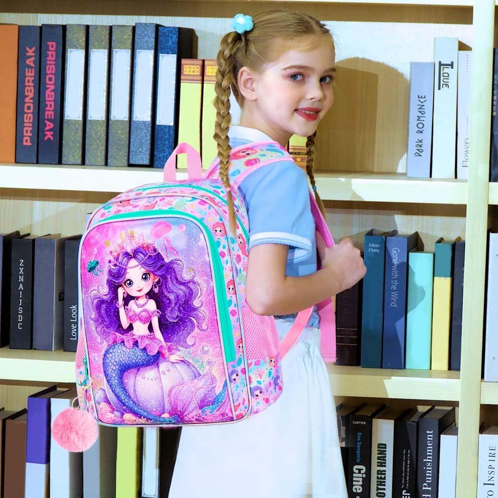 3PCS Mermaid Backpack for Girls, Water Resistant Kids Bookbag Set with Lunch Box，Cute Elementary School Bag for Preschool Toddler