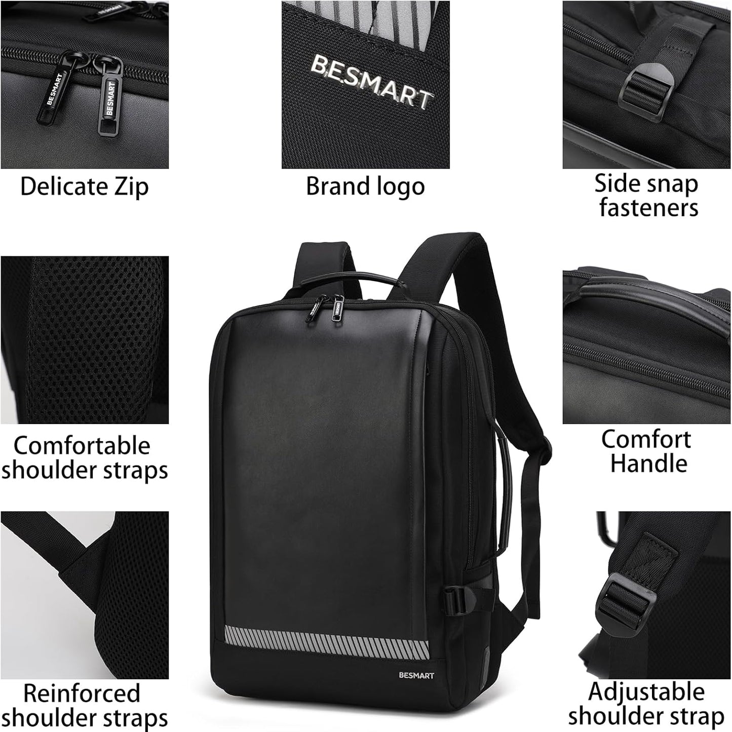 BESMART Waterproof Laptop Backpacks with USB Charging Port & Trolley Sleeve, Shockproof 15.6 Inch