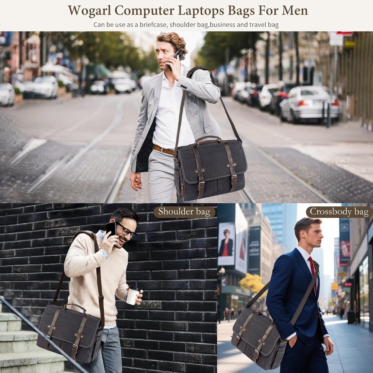 Wogarl 15.6" Messenger Bag for Men: Leather Waxed Canvas Briefcase Large Computer Laptop Bag Handbags Crossbody Bags for Work