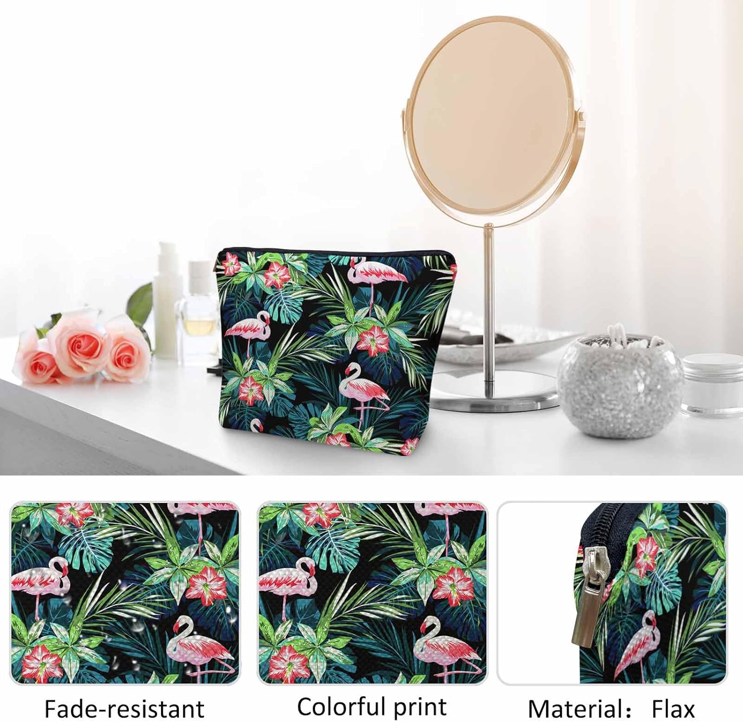 Makeup Bag Purse Flamingo, Tropical Palm Leaves Hibiscus Cosmetic Bags For Women Flamingo Pink