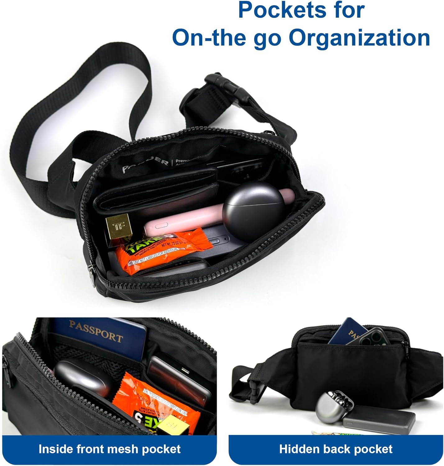 Pander Belt Bag Large 2L, Nylon Fanny Pack Purse for Women and Men with Adjustable Strap