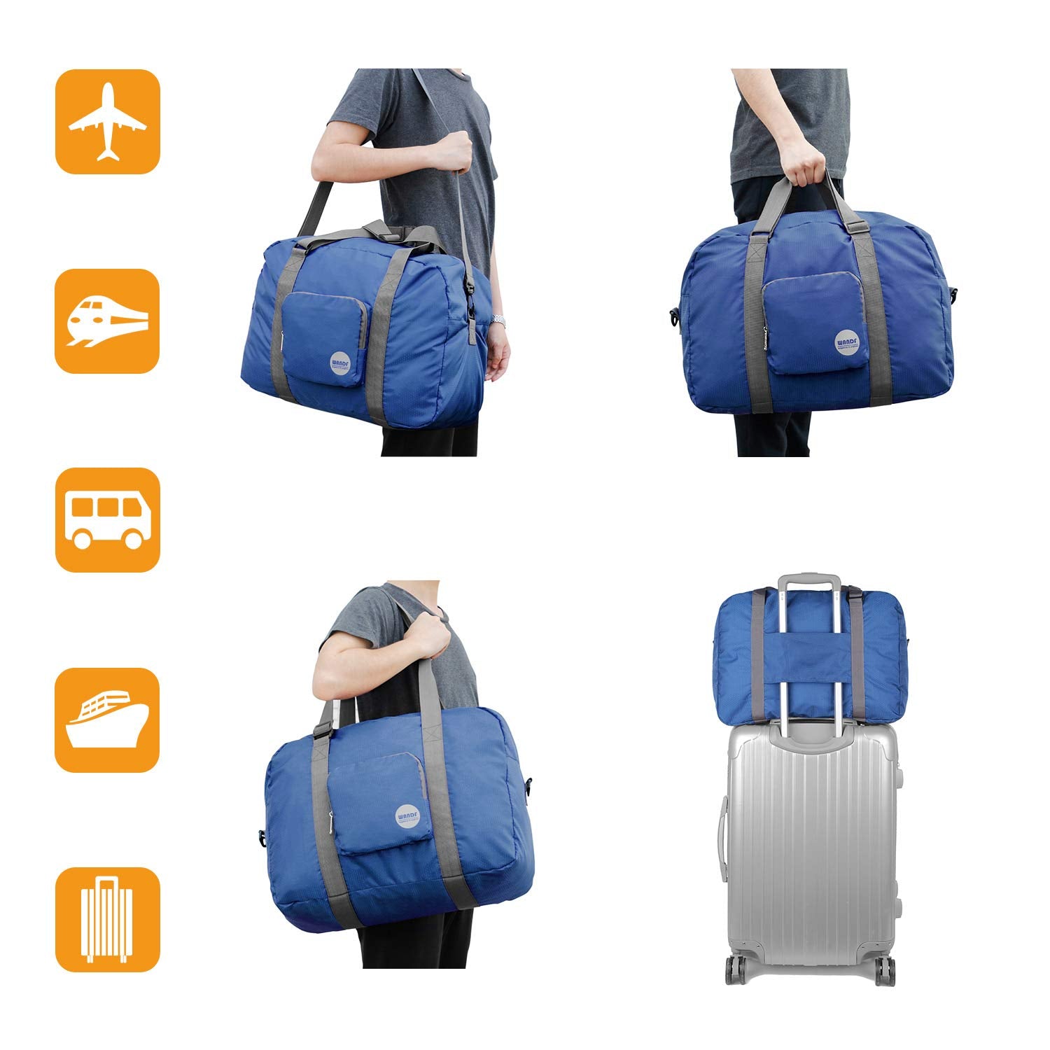 WANDF Foldable Travel Duffel Bag Luggage Sports Gym Water Resistant Nylon (Navy Blue)