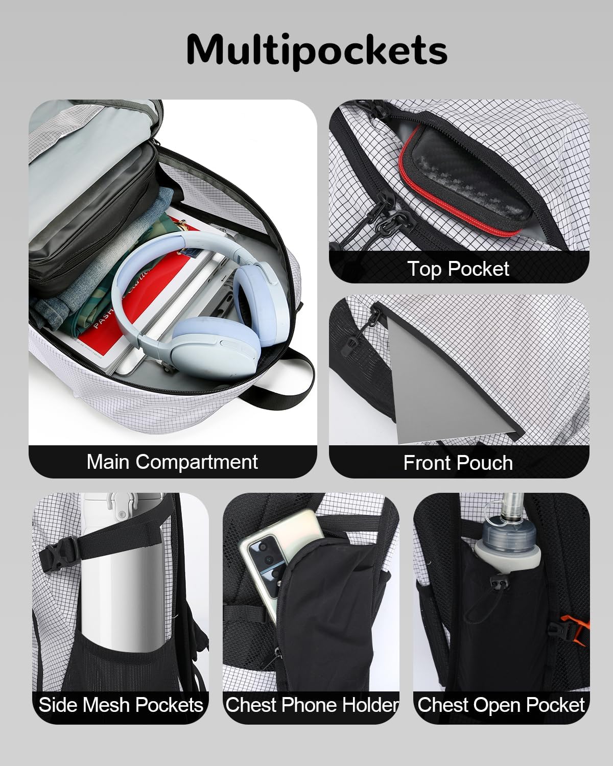 25L Small Nylon Waterproof Hiking Backpack with Phone Pouch for Men Women, Lightweight Hiking Daypack with Breathable EVA Back Support,White