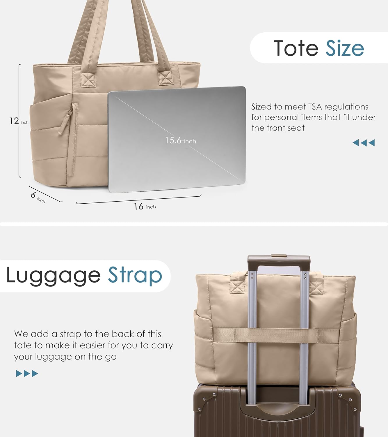 Tote Bag for Women with Zipper, Quilted Puffer Tote Bag with Compartments, Lightweight Puffy Work Bags for Women Travel