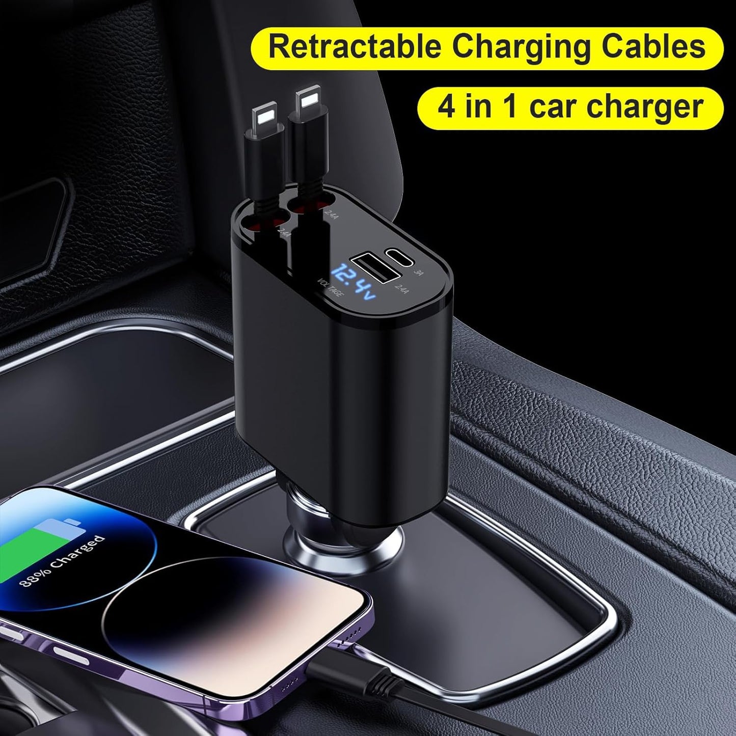 60W Fast Charging Car Charger for iPhone 16, 4-in-1 Retractable Phone Charger, Travel Essentials, Gifts for Women Men, Car Accessories for Women Men, for iPhone 16 15 14 13