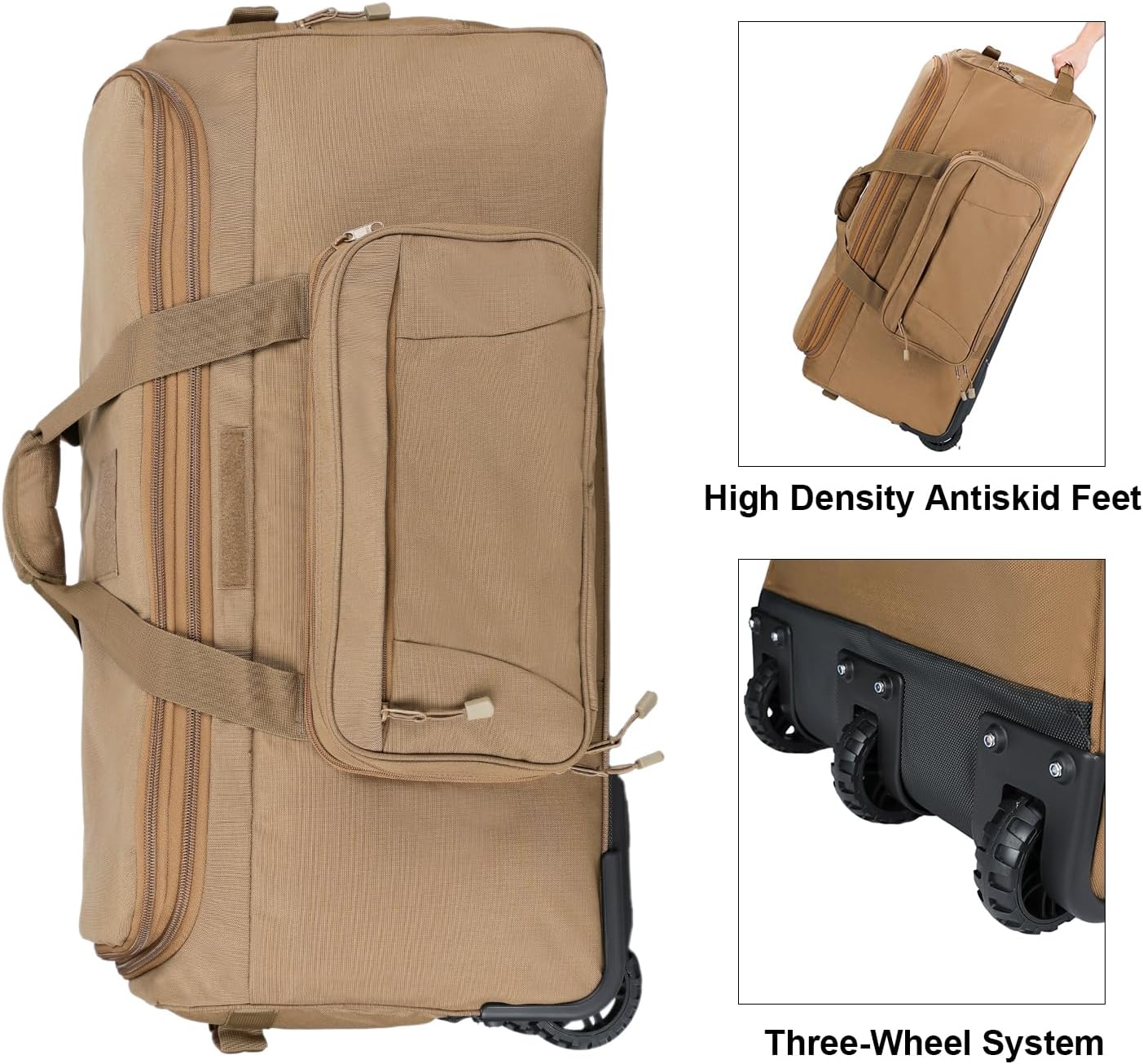 Military Wheeled Deployment Bag Large Tactical Heavy Duty Duffel Bag for Camping Hiking (Tan)