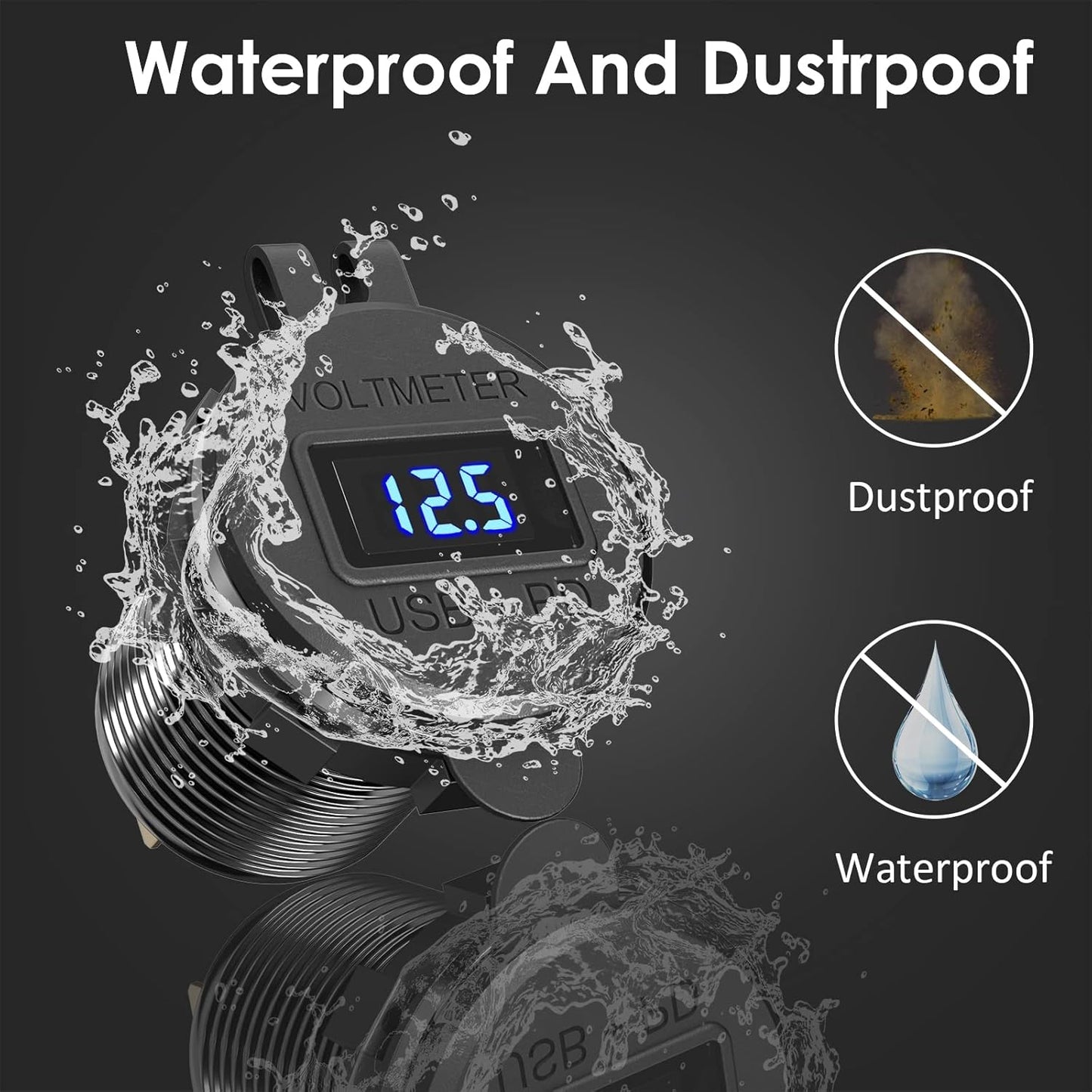 PD 20W USB-C and 18W QC3.0 USB Port Aluminum 12V Charger Socket with Power Switch Voltmeter for Car, Boat, Marine, Bus, Truck, Golf Cart, RV, Motorcycle