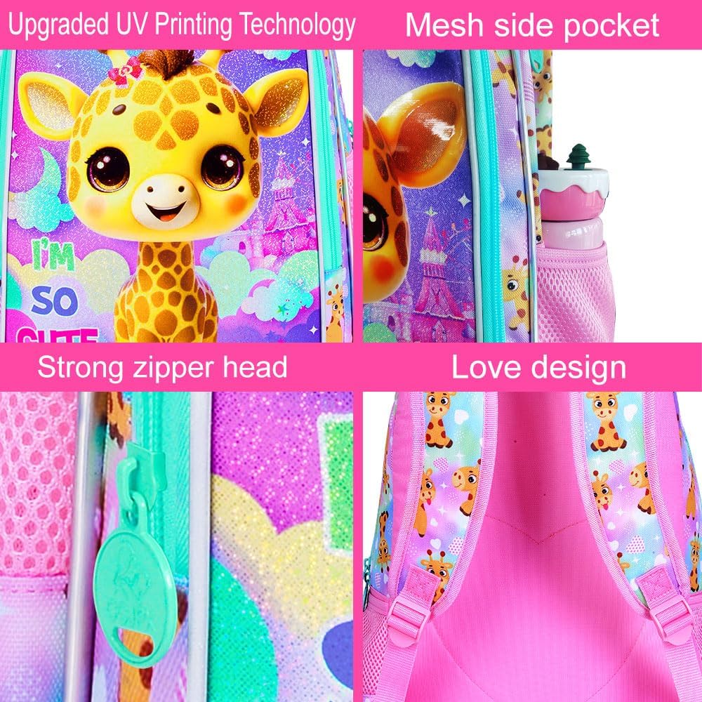 3PCS Girls Giraffe Bookbag, Water Resistant Kids Backpack Set with Lunch Box, Cute School Bag for