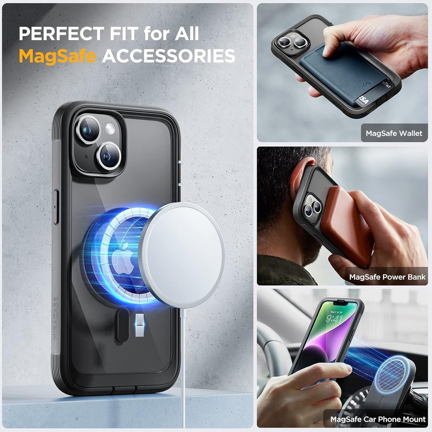 Miracase Magnetic for iPhone 14 Case 6.1",Full-Body Bumper, [Bubble Free] Built-in Tempered Glass Screen Protector+Lens Protector,Compatible with MagSafe,No Gap,Drop Proof Phone Case 14 Cover,Black