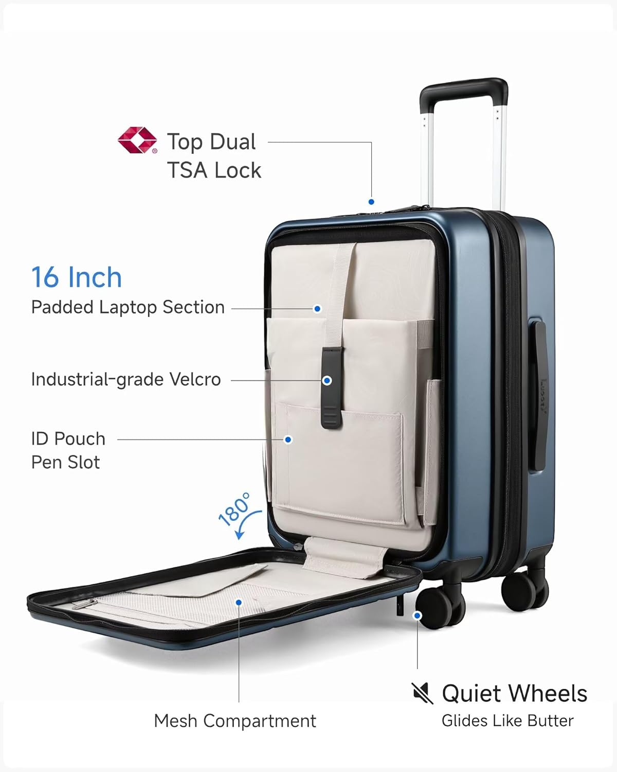 Carry On Luggage 22x14x9 Airline Approved, FLO5 Expandable Polycarbonate Suitcase with Front Pocket (FX-Core, Blue, 20 Inch)