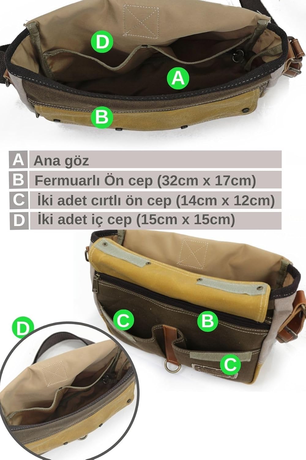 Antiochia 4046 Messenger Bag, Leather Detailed Shoulder Laptop Bag, Unisex Style for Daily, Travel
