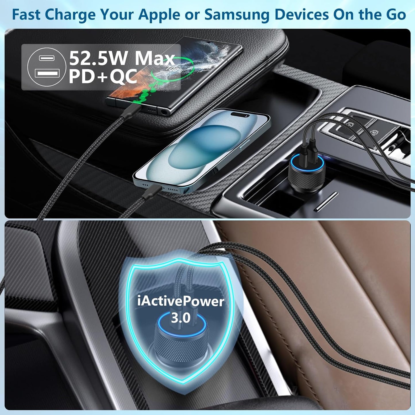 [Apple MFi Certified] iPhone 16 Car Charger, Rombica 52.5W USB-C&USB-A Car Power Cigarette Lighter PD/QC Type-C Fast Charging with Type-C Braided Cable for iPhone 16/16 Pro Max/15/15 Pro/Galaxy/Pixel