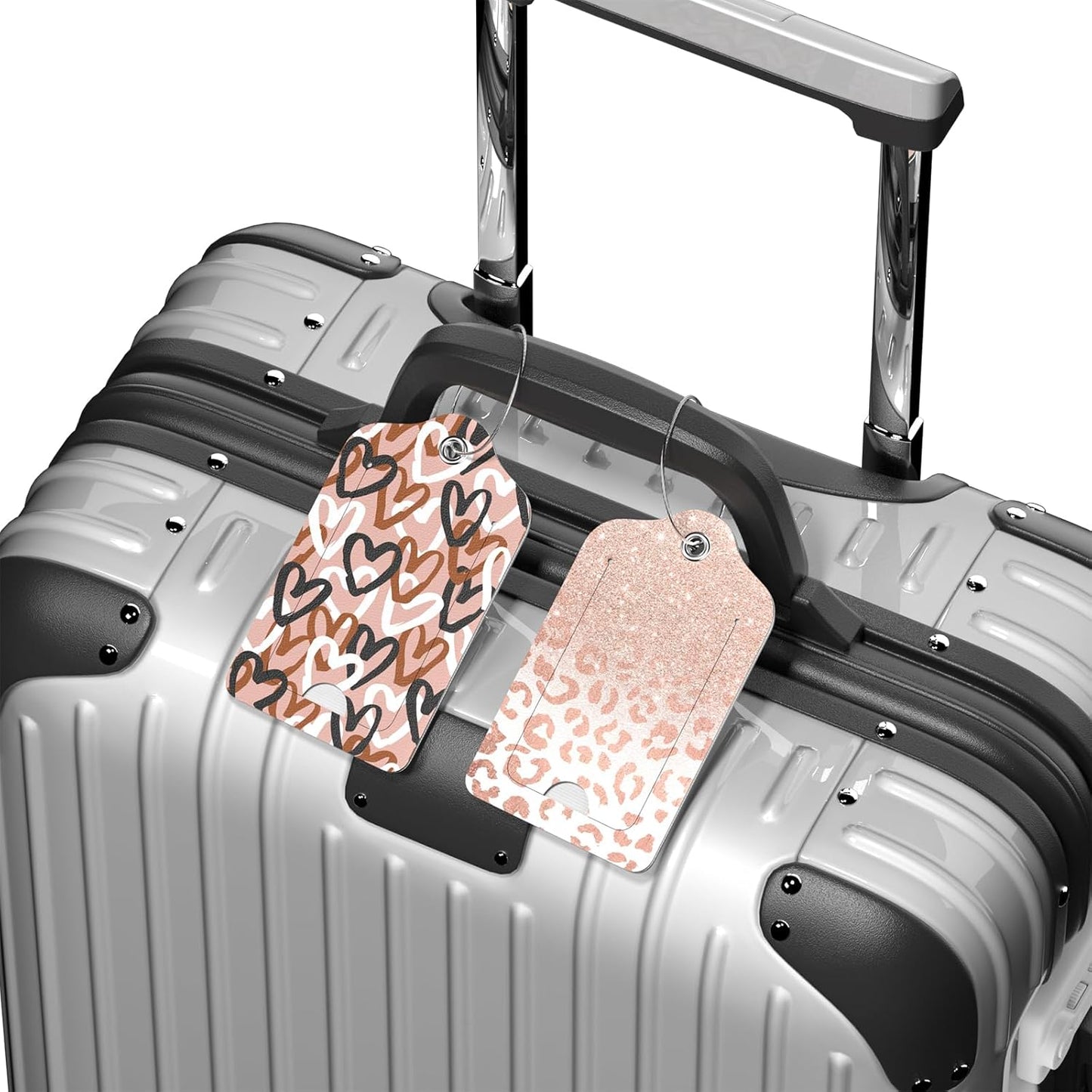 2 Pack PU Leather Luggage Tags for Suitcase, Travel Cruise Luggage Tag with Privacy Flap, Name ID Label and Metal Loop for Women Men Baggage Handbag School Bag Backpack, Heart Leopard