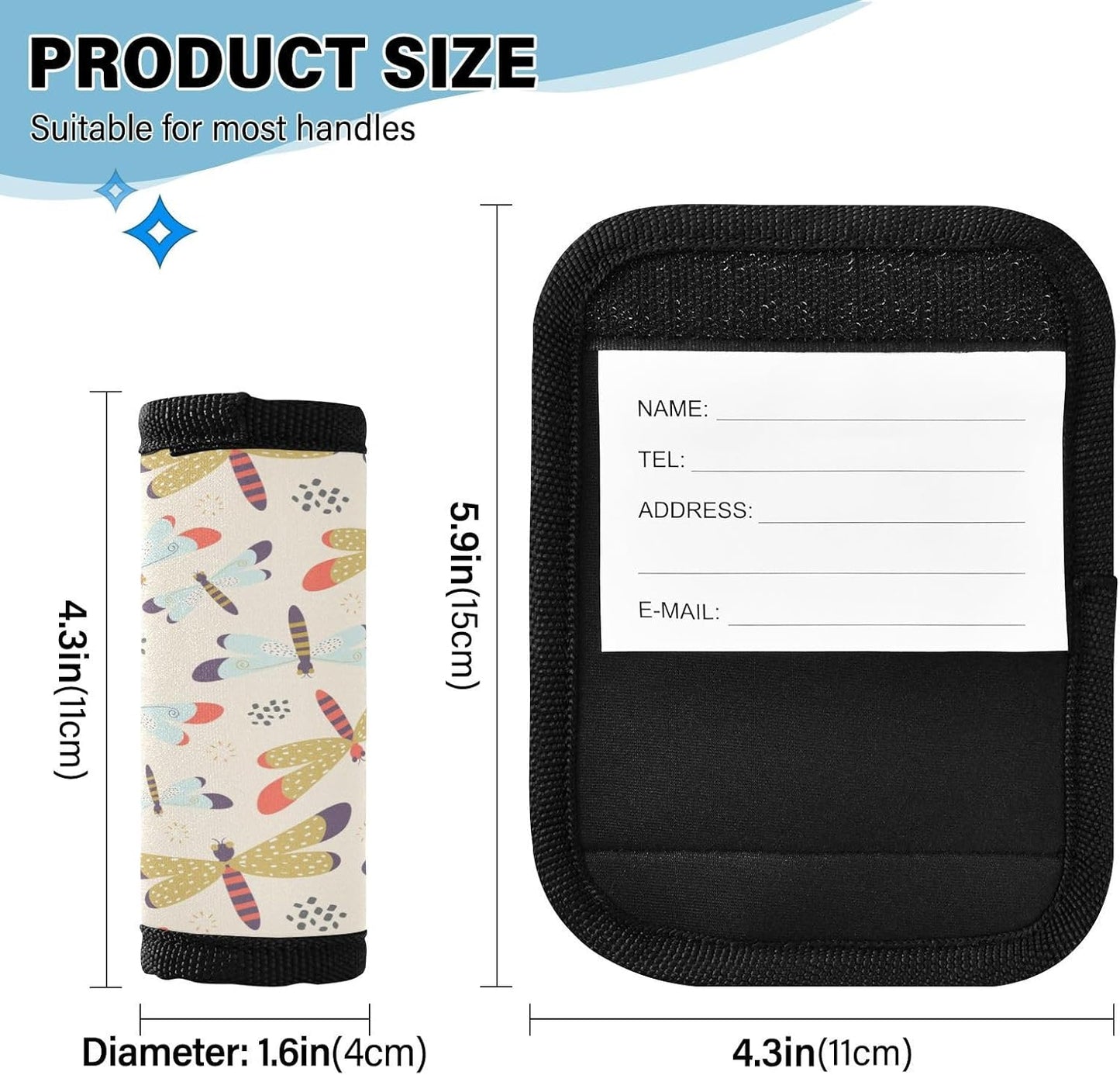 2 PC Luggage Handle Wrap Luggage Handle Covers Tags for Suitcase Bags Travel Luggage Handle Identifier Gripper Dragonfly