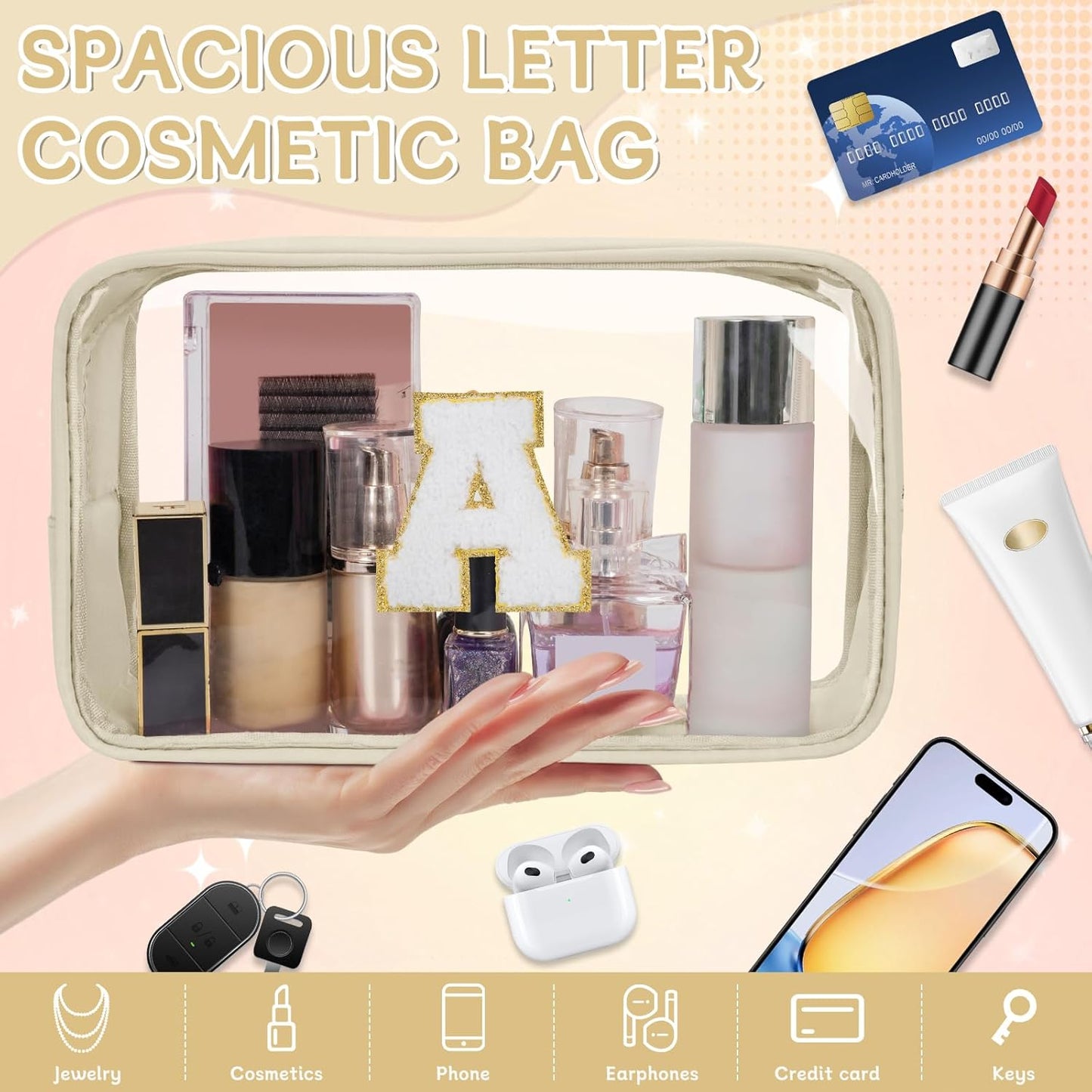 Personalized Initial Clear Makeup Bag, Travel Chenille Patch Cosmetic Bag, Preppy Toiletry Bag Monogram Cosmetic Pouch with Zipper, Ideal Gift for Teen Girls Women (Clear-Beige, A)