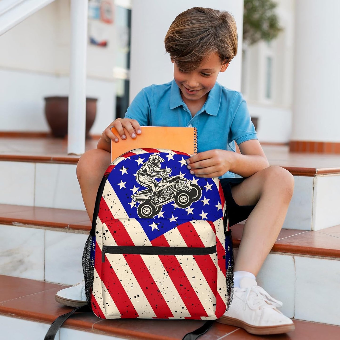 Motorcycle Us Flag Kids Backpack For Boys Girls Elementary American Patriotic Flags Schoolbag Kindergarten Bookbags Preschool School Bag Toddler Book Bags Travel Bag Hiking Camping Rucksack Daypack