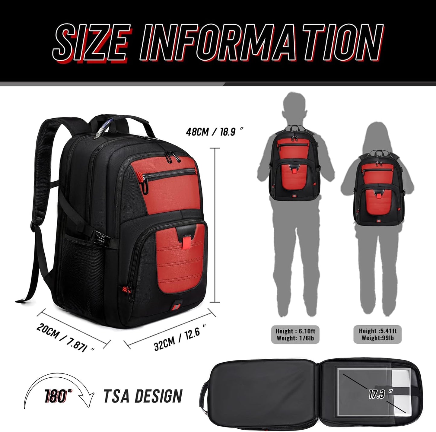 Z-MGKISS Big Travel Backpack, Large Laptop Backpack, TSA Approved Bag 50L, Anti-Theft Water Resistant Computer Daypack 17.3 Inch, Red