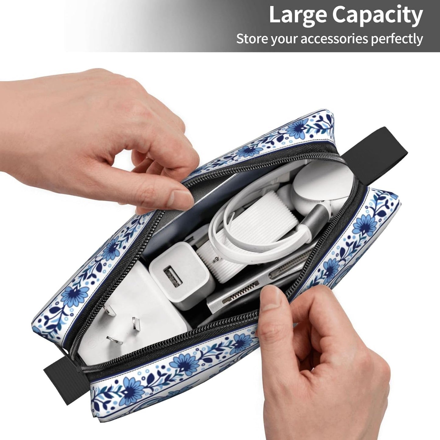 Elegant Blue & White Floral Makeup Bag Small Compact & Durable Travel Boho Cosmetic Bag Organizer Oxford Fabric Multi-Purpose Storage Perfect for Travel, Gym, Daily Use