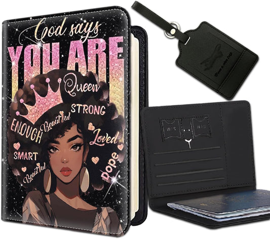 Passport Holder Women Wallet with Luggage Tag, Leather Passport Cover with RFID Blocking, Travel Accessories Multi Card Slot Passport Case for Men，African Girls Inspirational Quotes