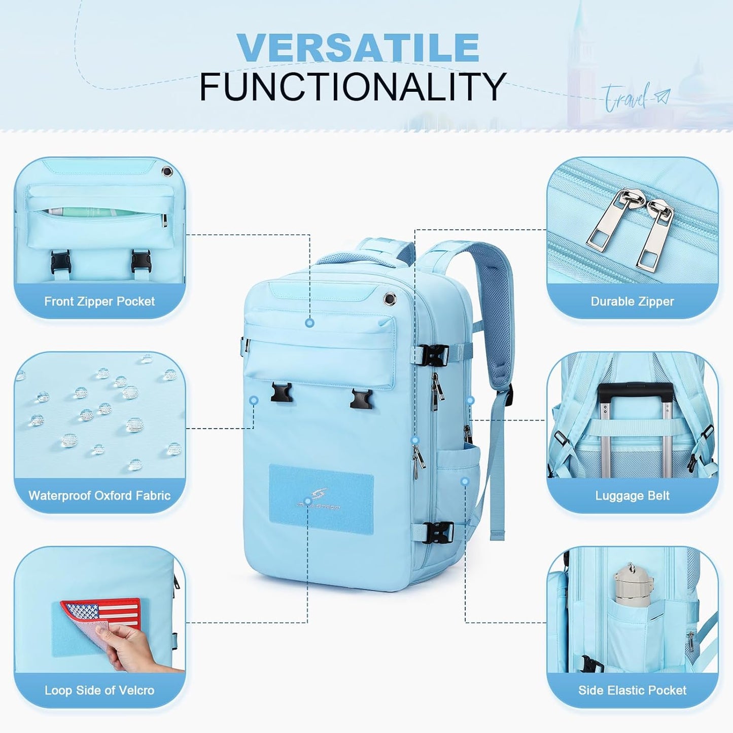 Maelstrom Travel Backpack for Women Men,35L Laptop Backpack Fits 17-Inch Laptop, Waterproof School Work Backpack for Airplanes with Detachable Crossbody Bag & Shoe Compartment (Blue, Large-Upgrade)