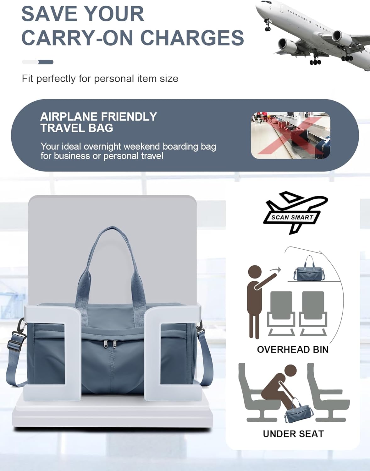 Gym Bag for Women Men with Shoe Compartment, Sport Duffel Bag, Waterproof Travel Weekender Overnight Carry on Bag for Yoga with Trolley Sleeve, Jewel Blue