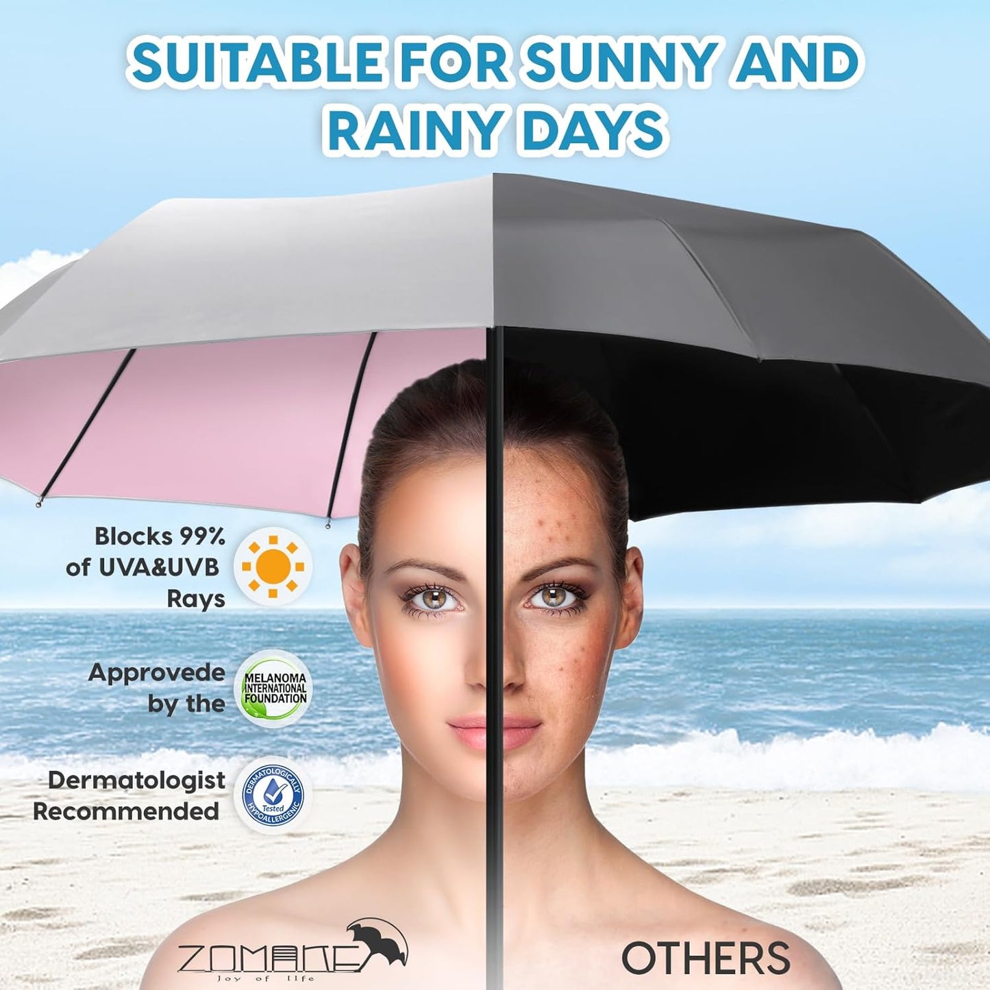 ZOMAKE UV Umbrella for Sun Protection UPF 50+,Travel Compact Sun Umbrellas UV Blocking Small Auto Open Portable for Walking