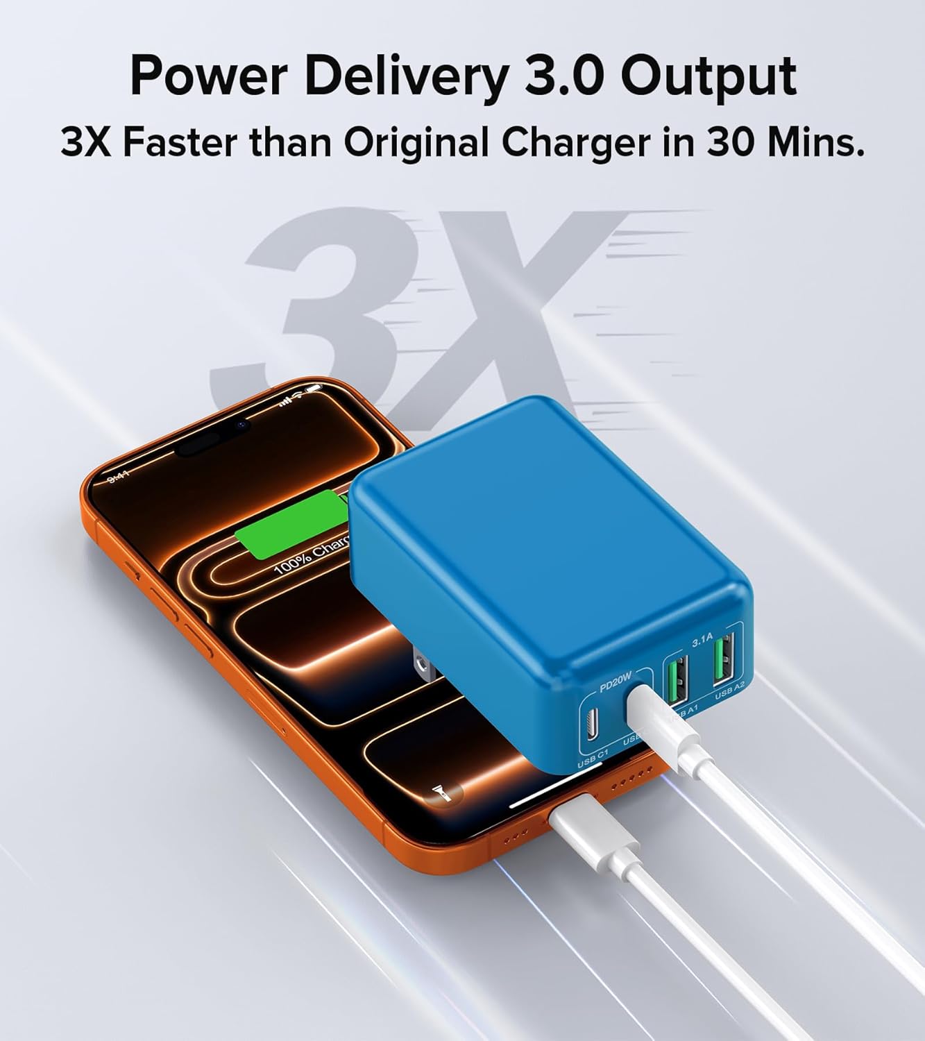 2Pack Flat USB C Charger Block, 40W 4-Port Fast Charger 20W Type C Charging Block 3.1A USB Wall Charger Dual Port PD+QC Charging Cube for iPhone 16 15 14 13 12 Pro Max XS, iPad,Samsung,（Light Blue ）