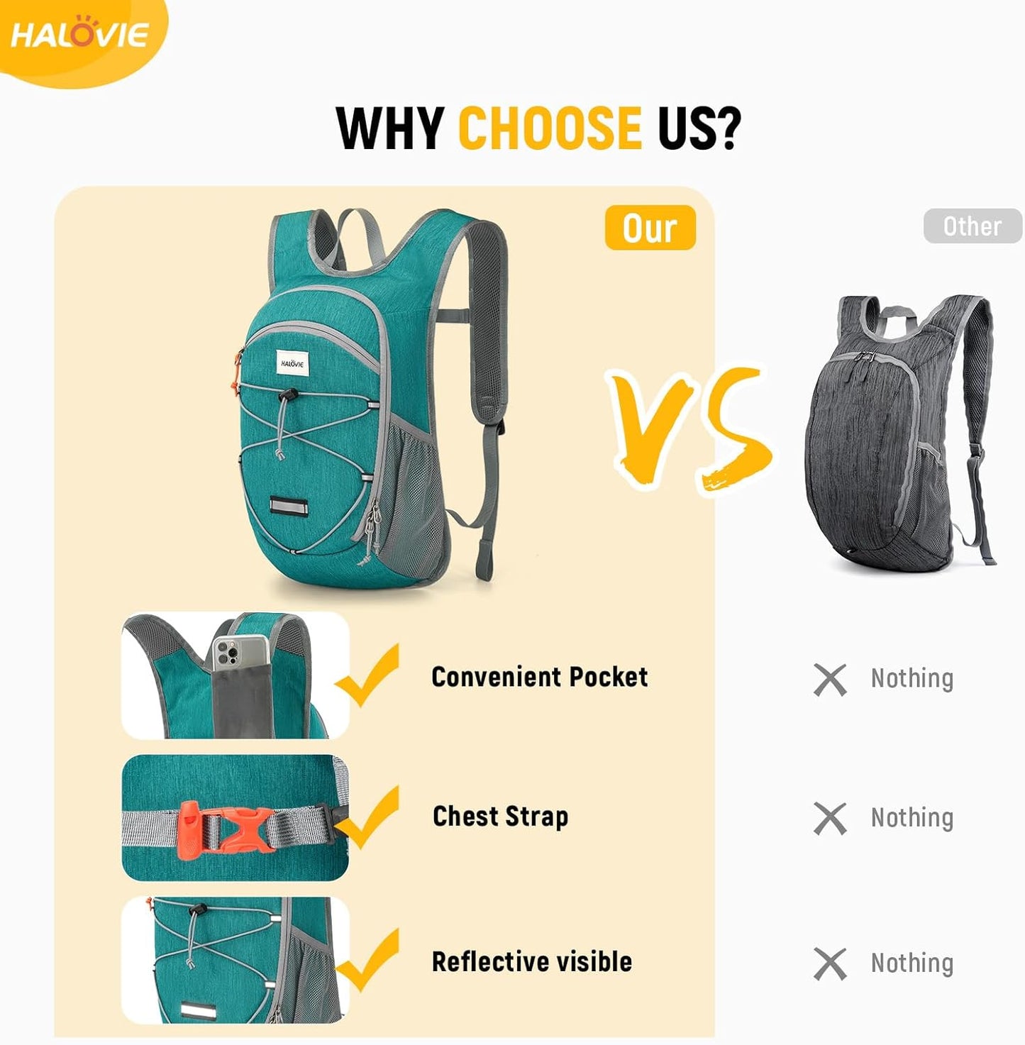 HALOVIE 15L Foldable Hiking Backpack Phone Pocket Lightweight Travel Daypack with Chest Strap Small