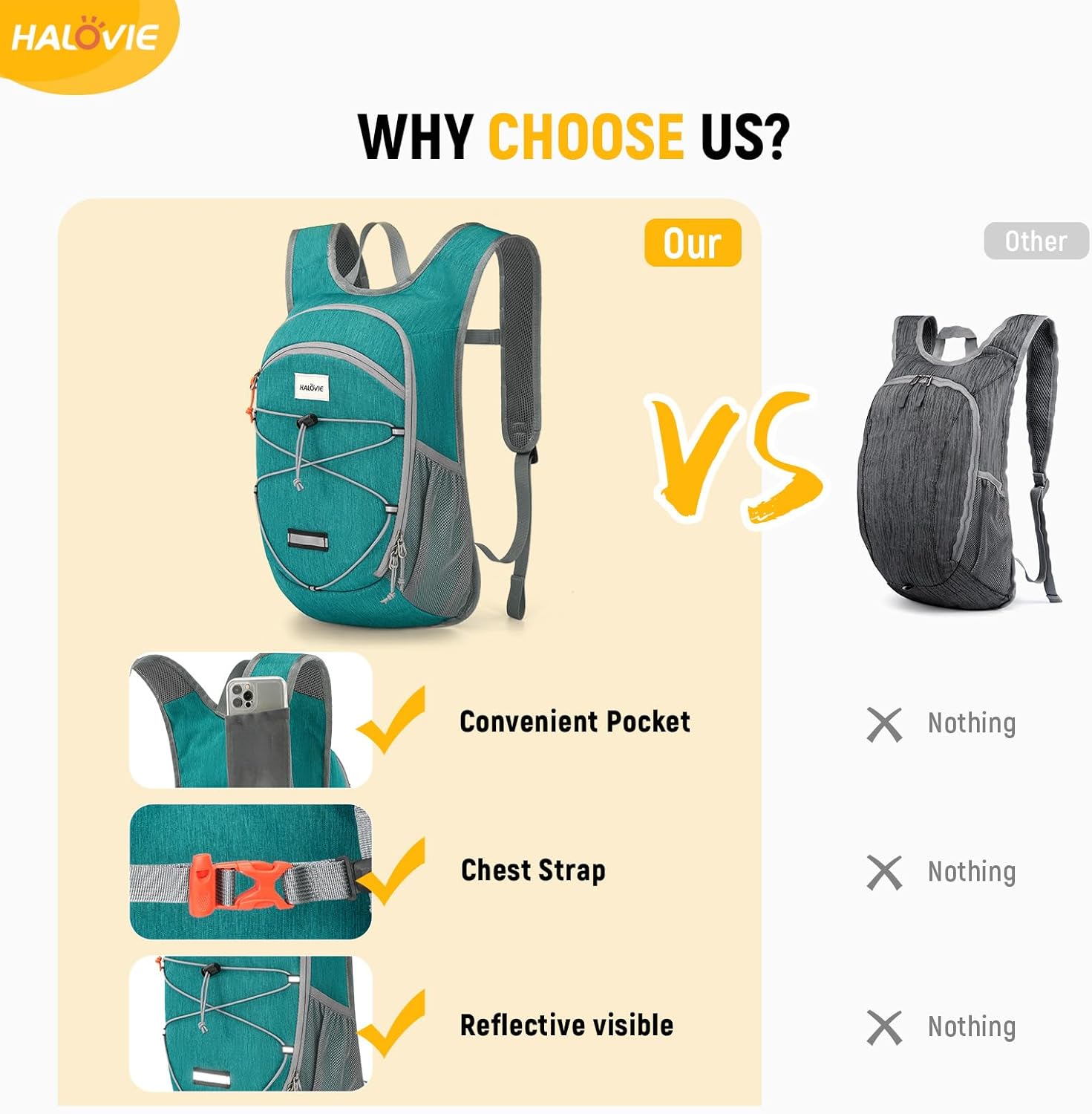 HALOVIE 15L Foldable Hiking Backpack Phone Pocket Lightweight Travel Daypack with Chest Strap Small